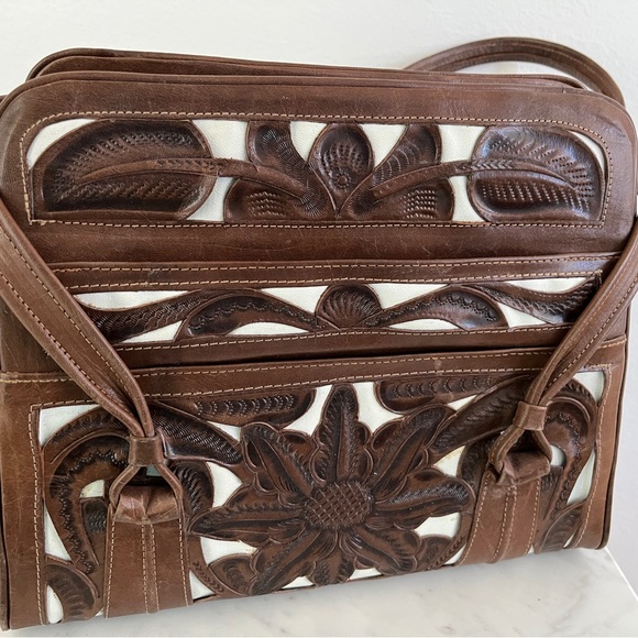 Vintage Tooled Leather Top Handle Purse Bag Chocolate Brown & White Two Tone - Picture 12 of 16